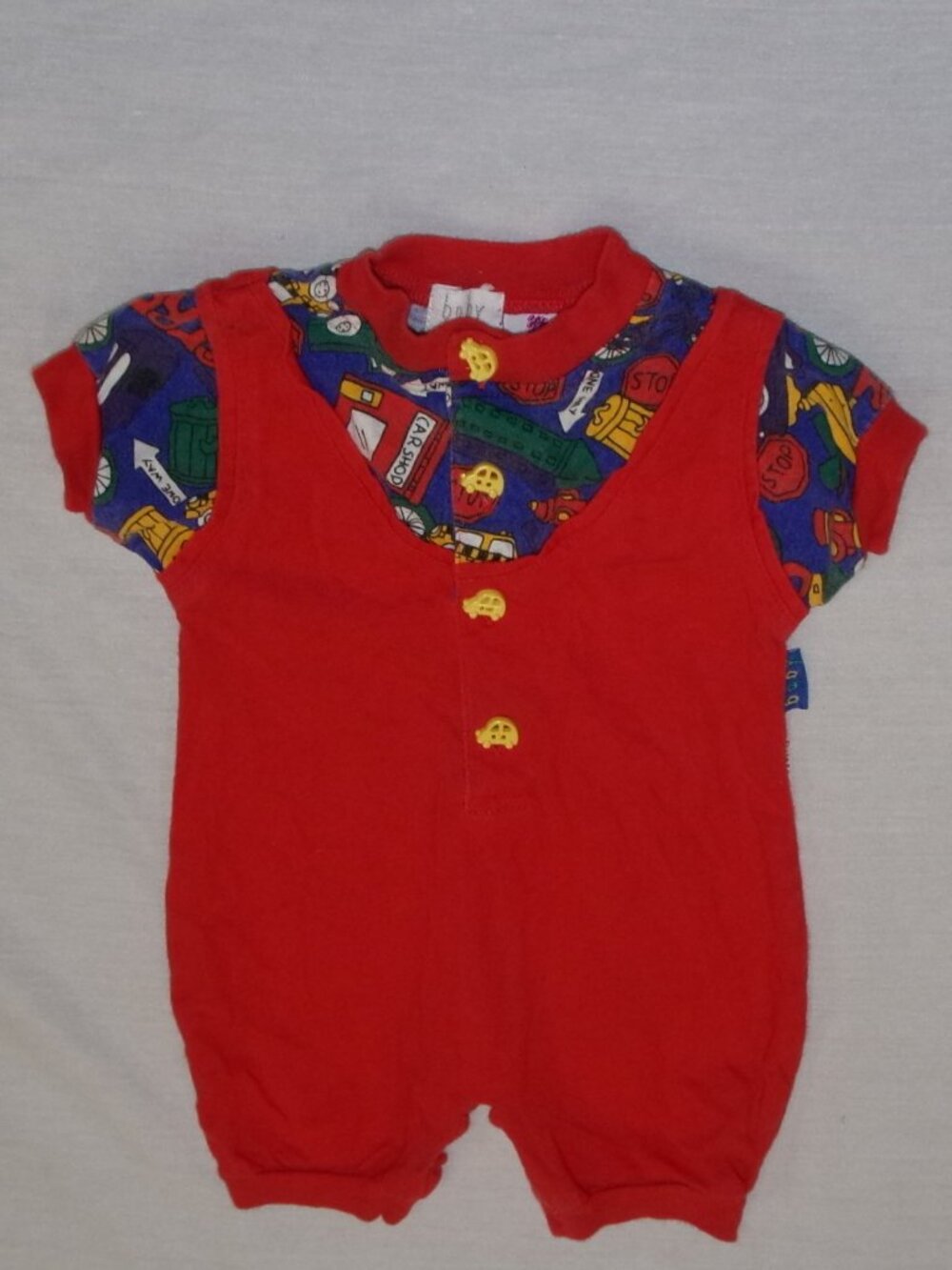 Vintage 80s Baby Gitano Red Car Shop Auto One Piece Romper sz 6-9 Months